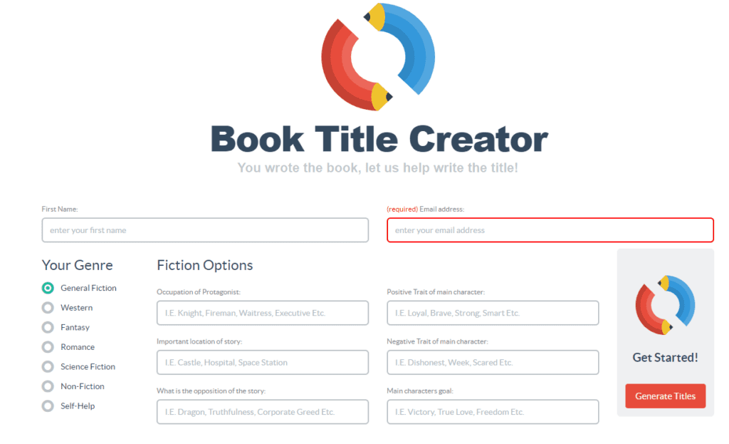 Adazing book title creator tool user interface showing niche genre options, character, story and goal