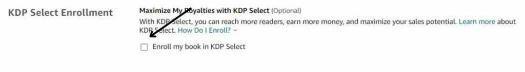 kdp select enrollment section showing "enroll my book in kdp select" radio button