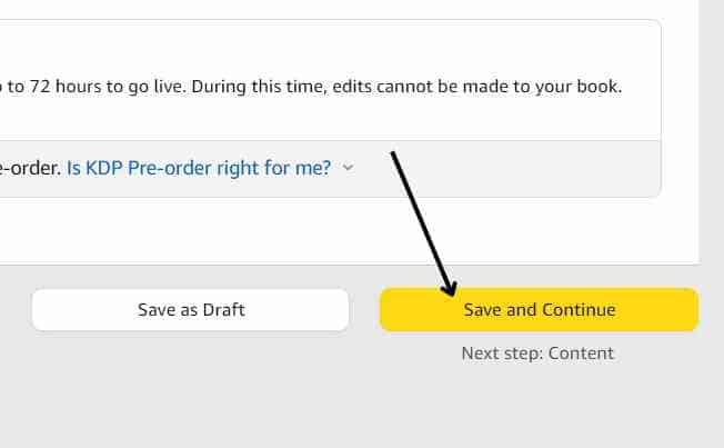 the "save and continue" button at the bottom of the kindle ebook details tab
