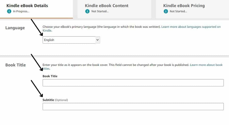 Kindle ebook details tab showing the language, book title, and subtitle entry fields
