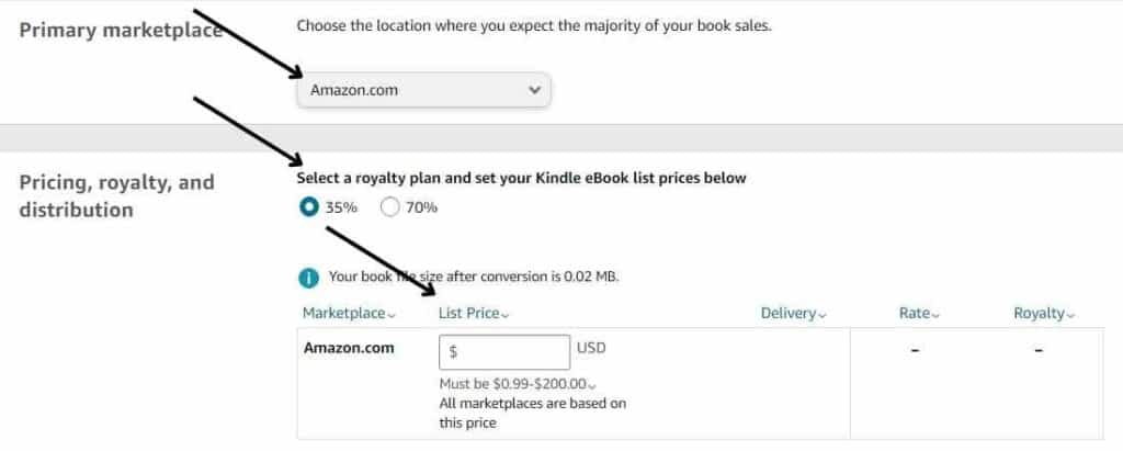 kindle pricing section showing "primary marketplace", and "pricing, royalty, and distribution" options