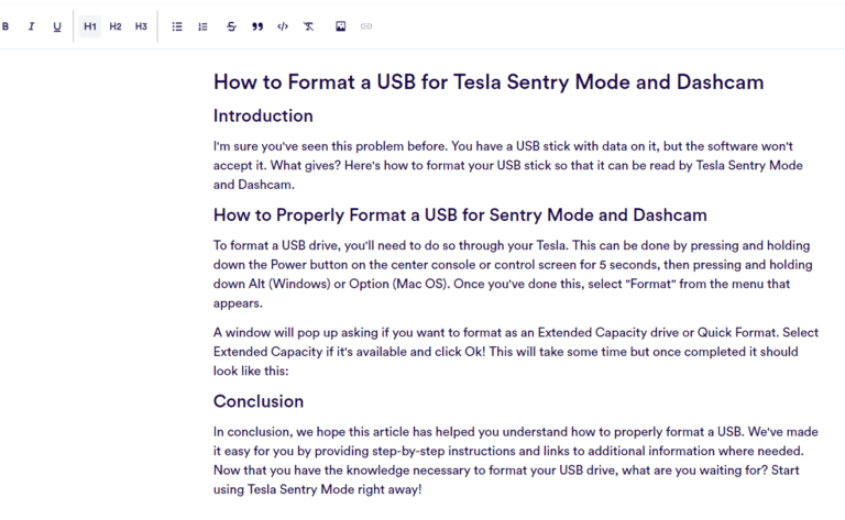 copy ai blog post results output from typing in the topic "How to format a USB for Tesla Sentry Mode and Dashcam" 