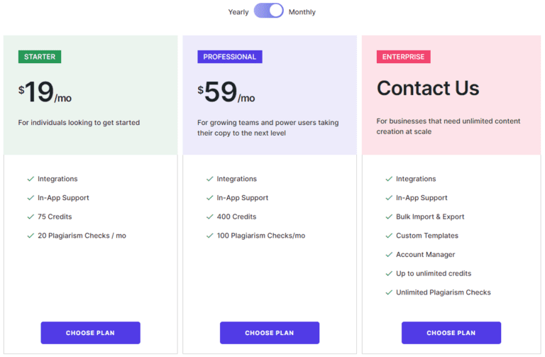 copysmith ai pricing table showing starter, professional and enterprise plans