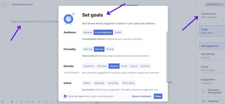 grammarly features dashboard showing  the audience, formality, domain, intent features