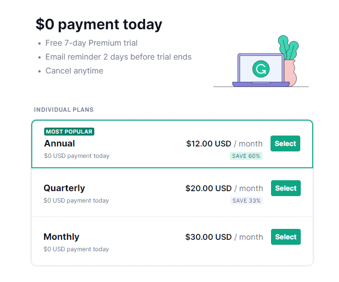 grammarly pricing showing individual annual, quarterly, and monthly plans
