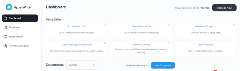 hyperwrite ai writing tool best features interface showing dashboard and templates