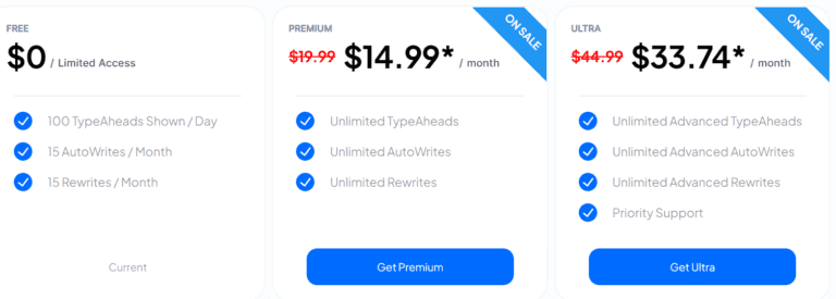 hyperwrite pricing table showing the free, premium and ultra plans