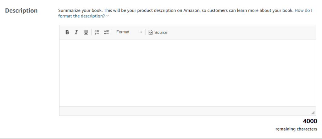 Kindle book description entry field section with 4000 characters maximum