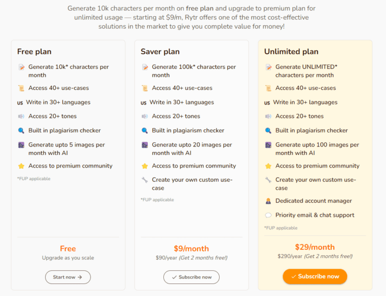 rytr pricing table showing the free plan, saver plan and the unlimited plan
