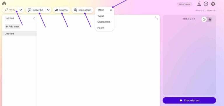 sudowrite ai features dashboard showing  write, describe, rewrite, brainstorm and more