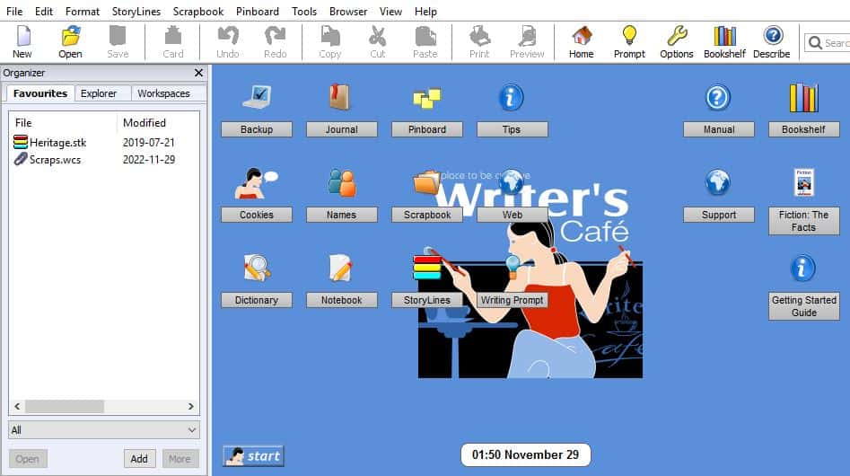 Feature dashboard of Book Writing Software showing various action tabs to choose from