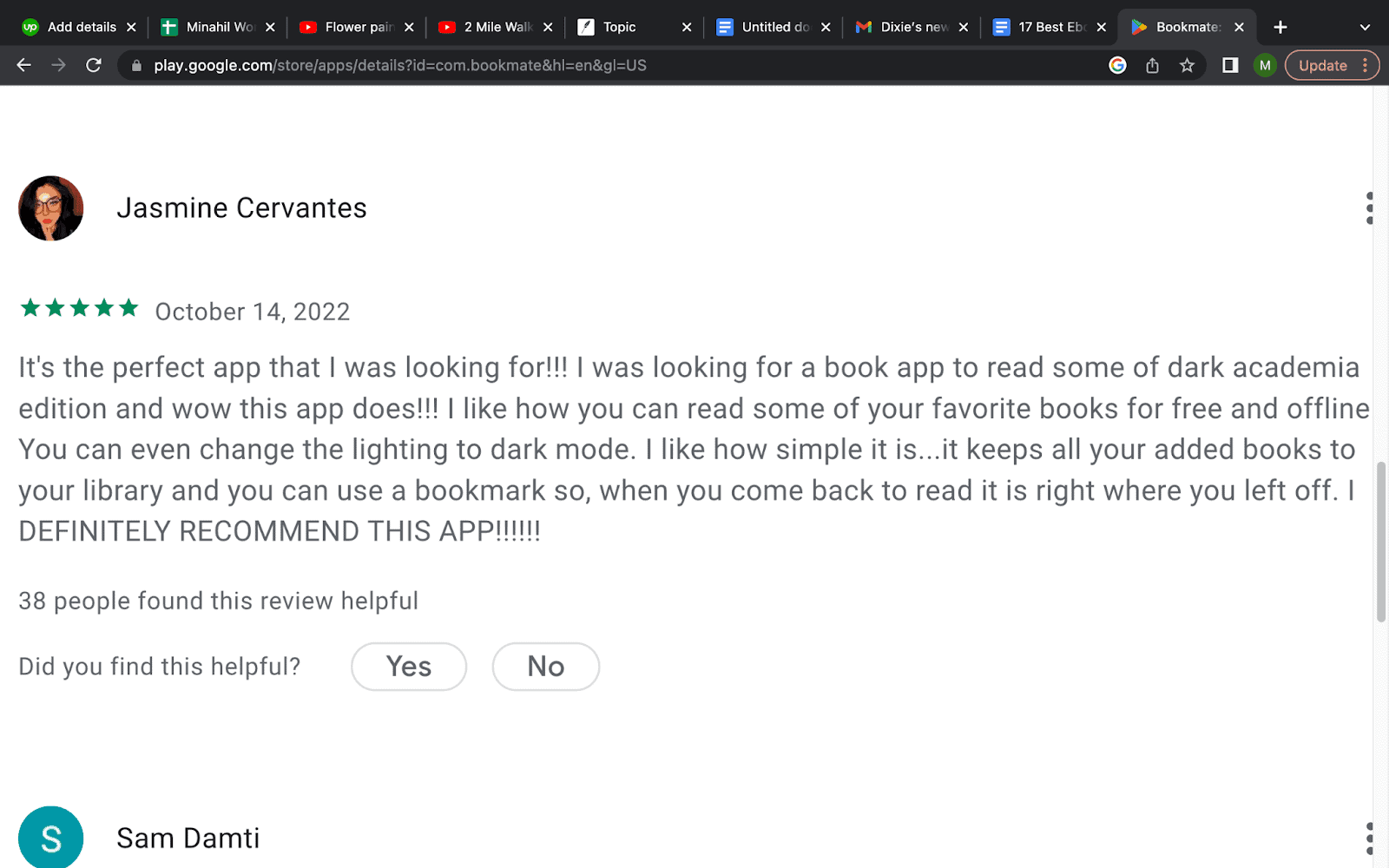A customer of Bookmate sharing her positive feedback and reviews on Google playstore