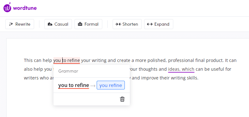 Result output from editor notes feature to rephrase the sentence
