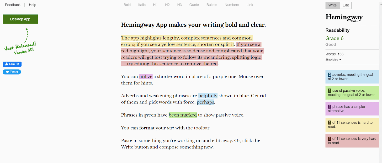 Introductory page of Hemingway app showing different options to improve the content.