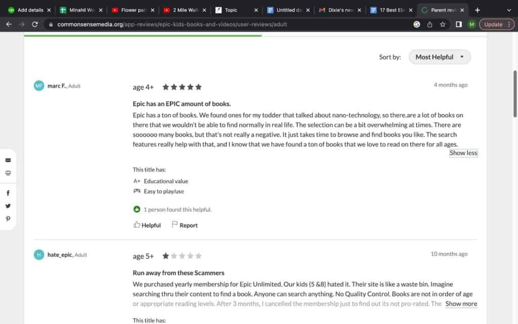 Different set of reviews shared by customers of Epic platform on common sense media