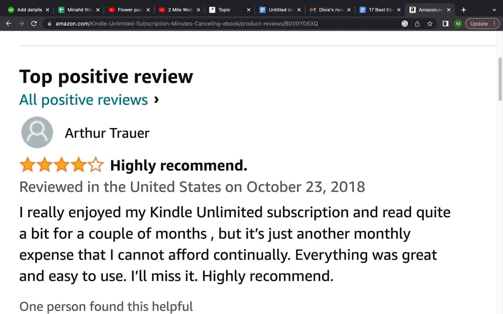 Positive reviews shared by a customer of Kindle platform on amazon