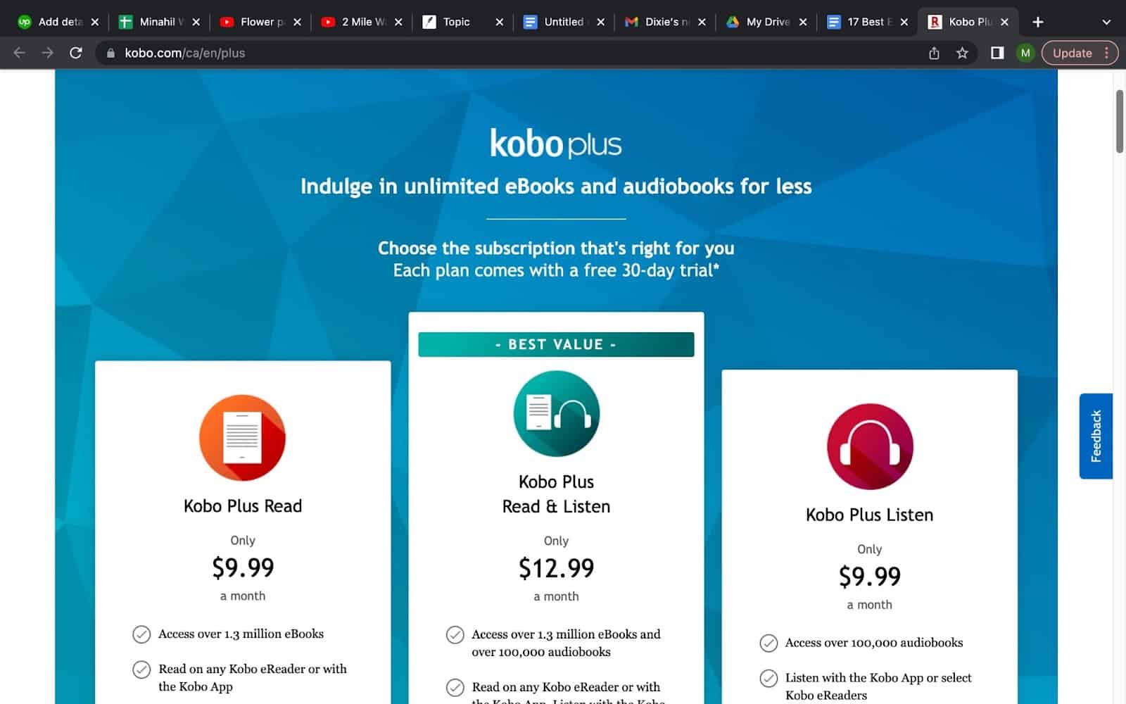 Kobo Plus pricing table showing "Read", "Read & Listen" and "Listen" plans