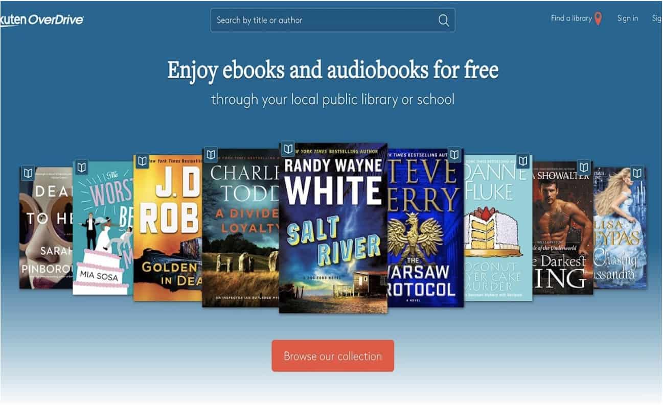 Homepage hero section of OverDrive platform with different set of ebooks and audiobooks available
