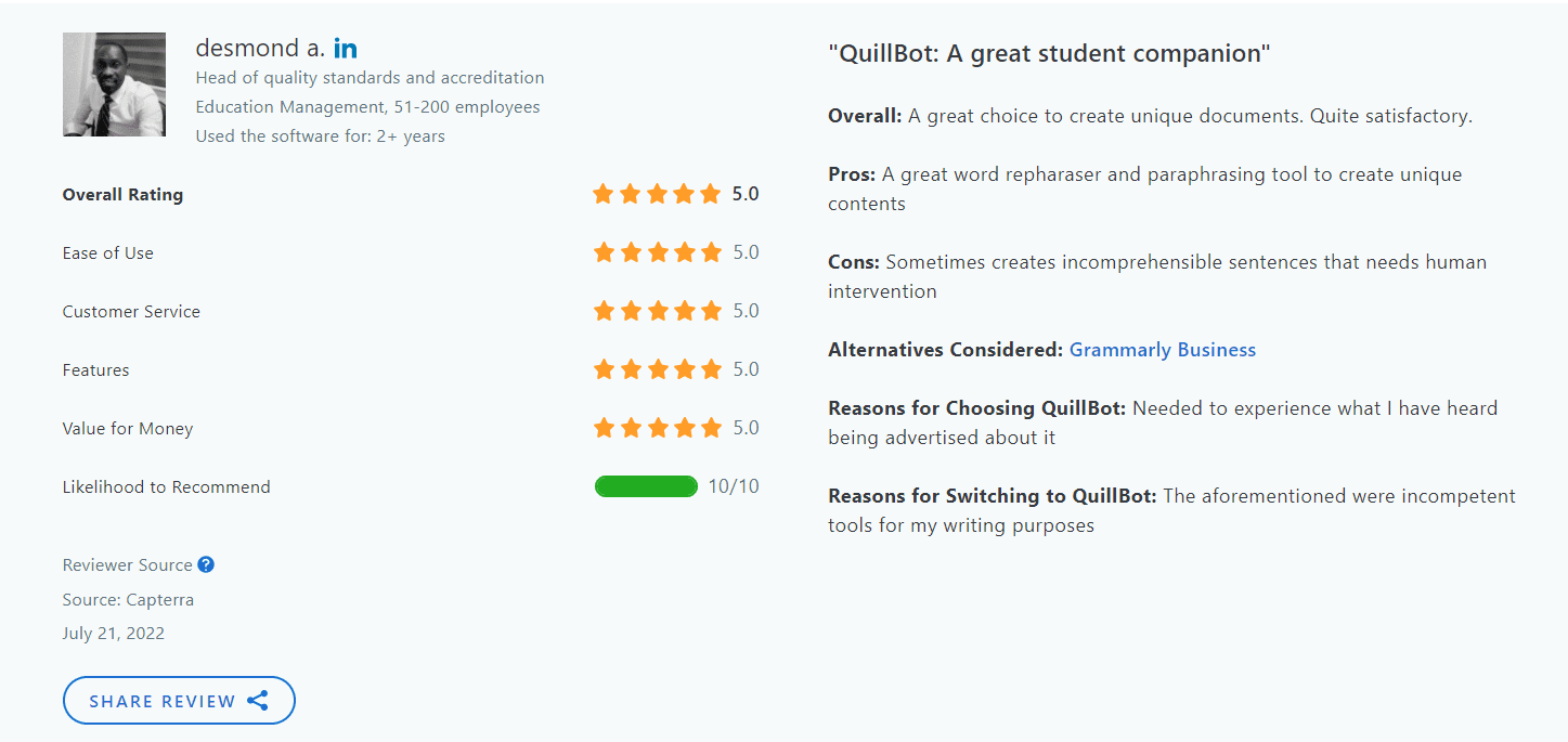 Positive feedbacks from Quillbot users on Capterra