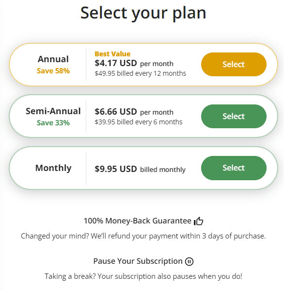 Quillbot pricing plans showing "annual", "semi annual" and "monthly plans".