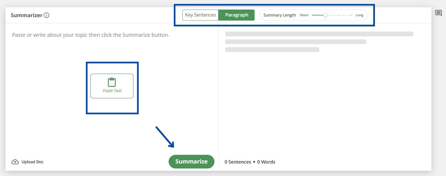 Directions to use summarizer tool for the content