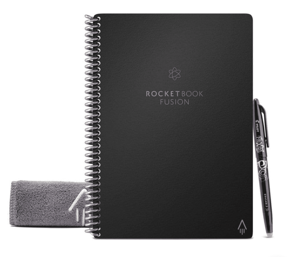 Display of Rocketbook Fusion Smart with digital notepad, cloth and pen