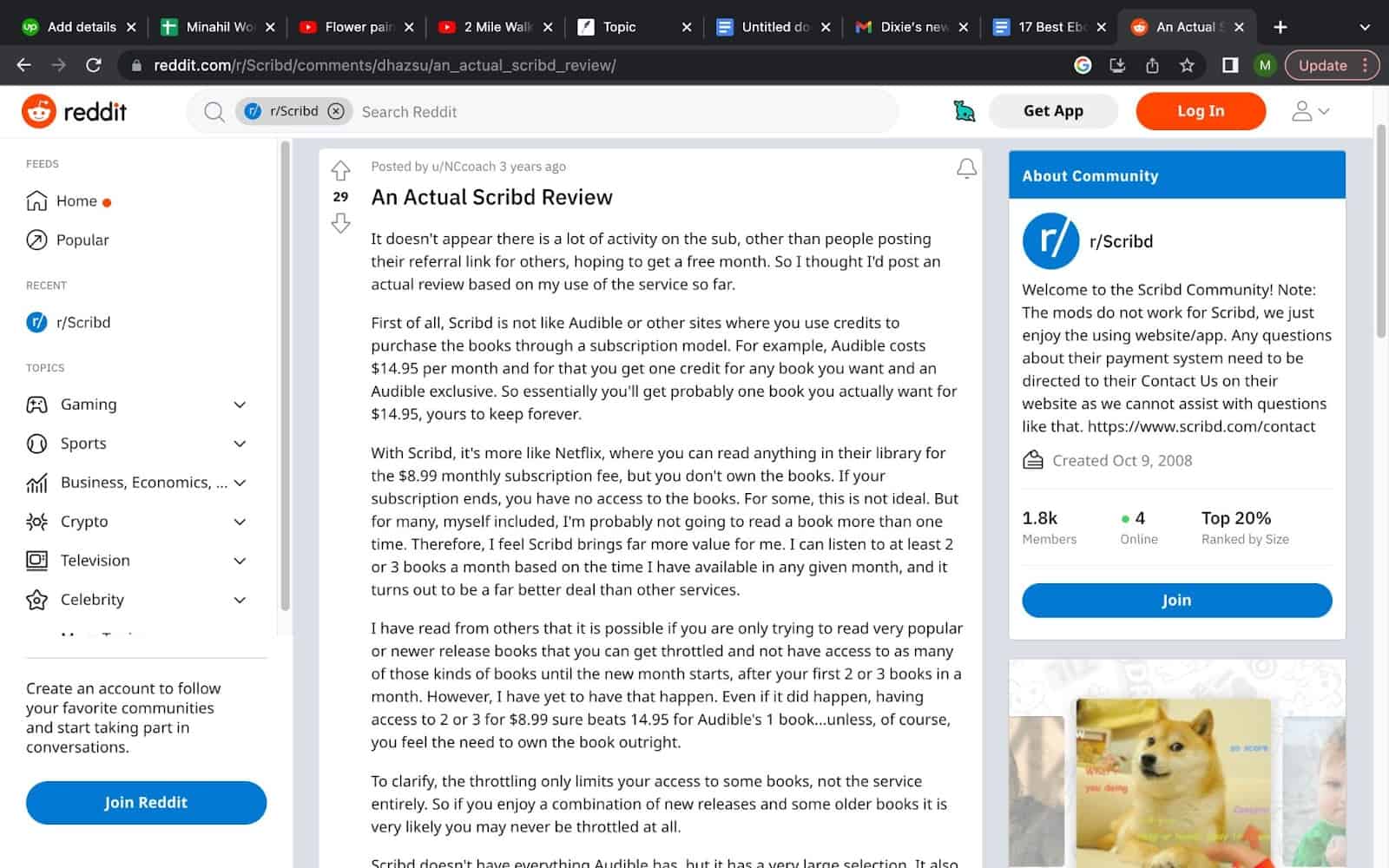 Elaborative review by a customer of Scribd on reddit