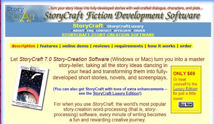 Homepage hero section of Story Craft Tool with various tabs like Description, features , online demo , reviews etc.