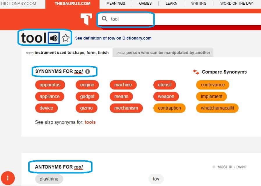 Thesaurus tool user interface showing how to navigate for the word search