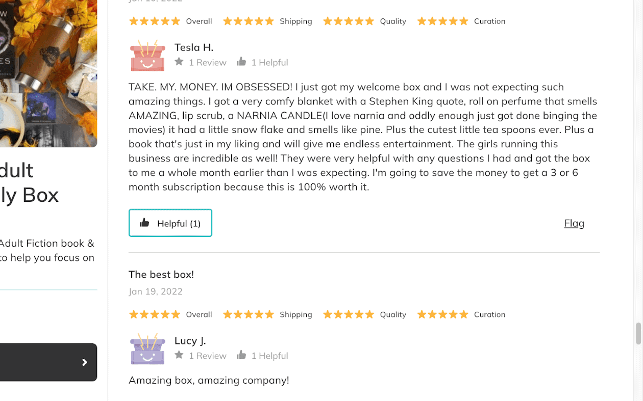 Happy Customers and their reviews along with monthly subscription cost of Unplugged Book Box