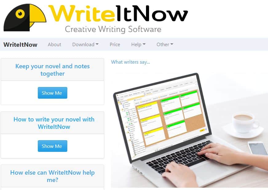WriteItNow writing software and its homepage section