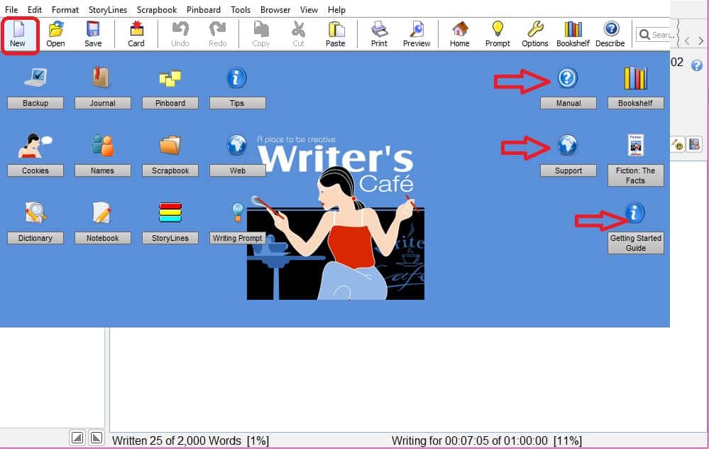 Workspace window showing multiple tabs to choose in Writers’ Cafe tool