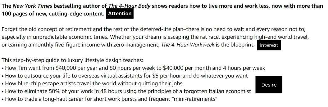 Example display of AIDA technique from a book named "Tim Ferris’ 4-Hour Work Week"