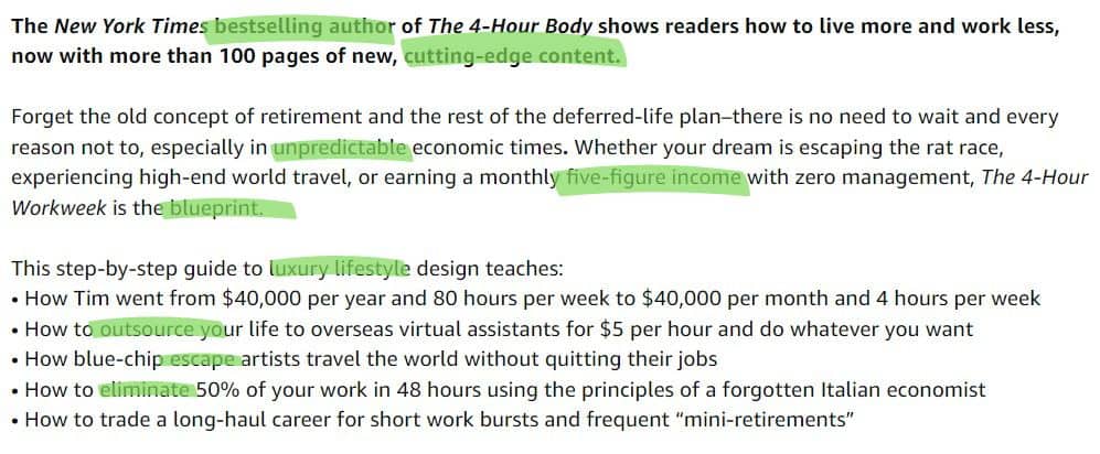 Highlighting of power words from a book description named "The 4-Hour Work Week’s"