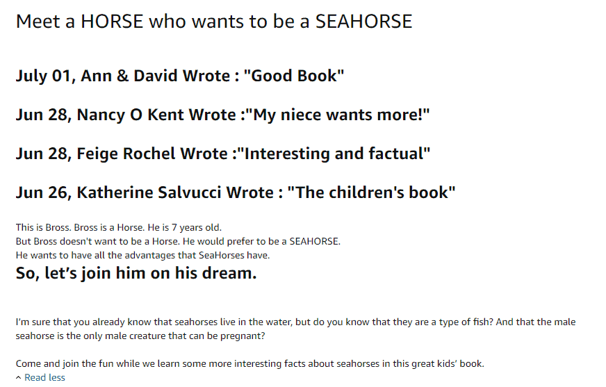 Example of another bad book description from a book "I Wish I Were a SEAHORSE by Dan Jackson"