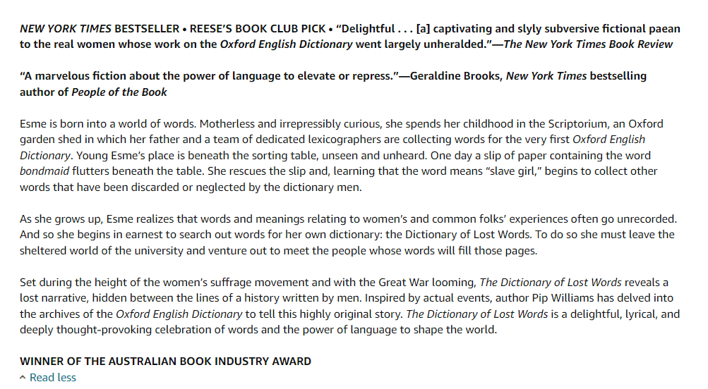 Another example of best book description from a book "The Dictionary of Lost Words by Pip Williams"