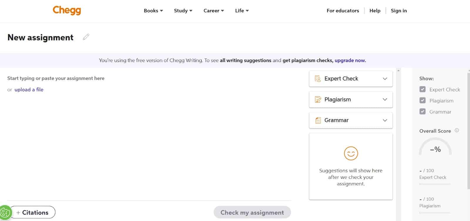 Workspace dashboard of chegg app to check the various options like plagiarism, grammar and expert check on the content