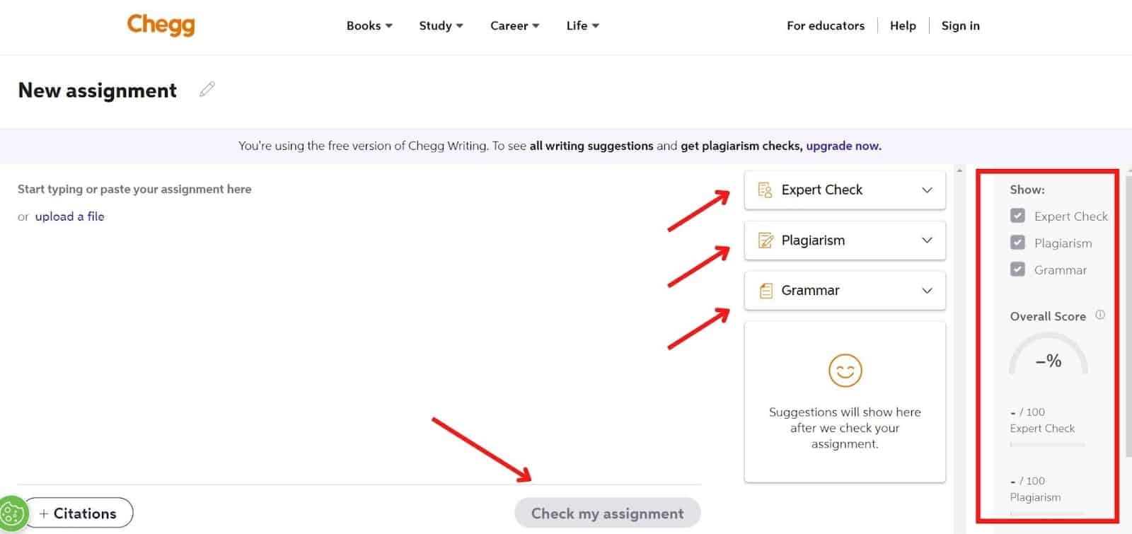 Feature dashboard of Chegg app pointing towards expert check, grammar and plagiarism checks in the content