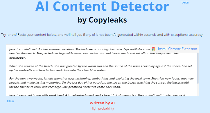 Results output of Copyleaks tool showing the probability of AI in the content