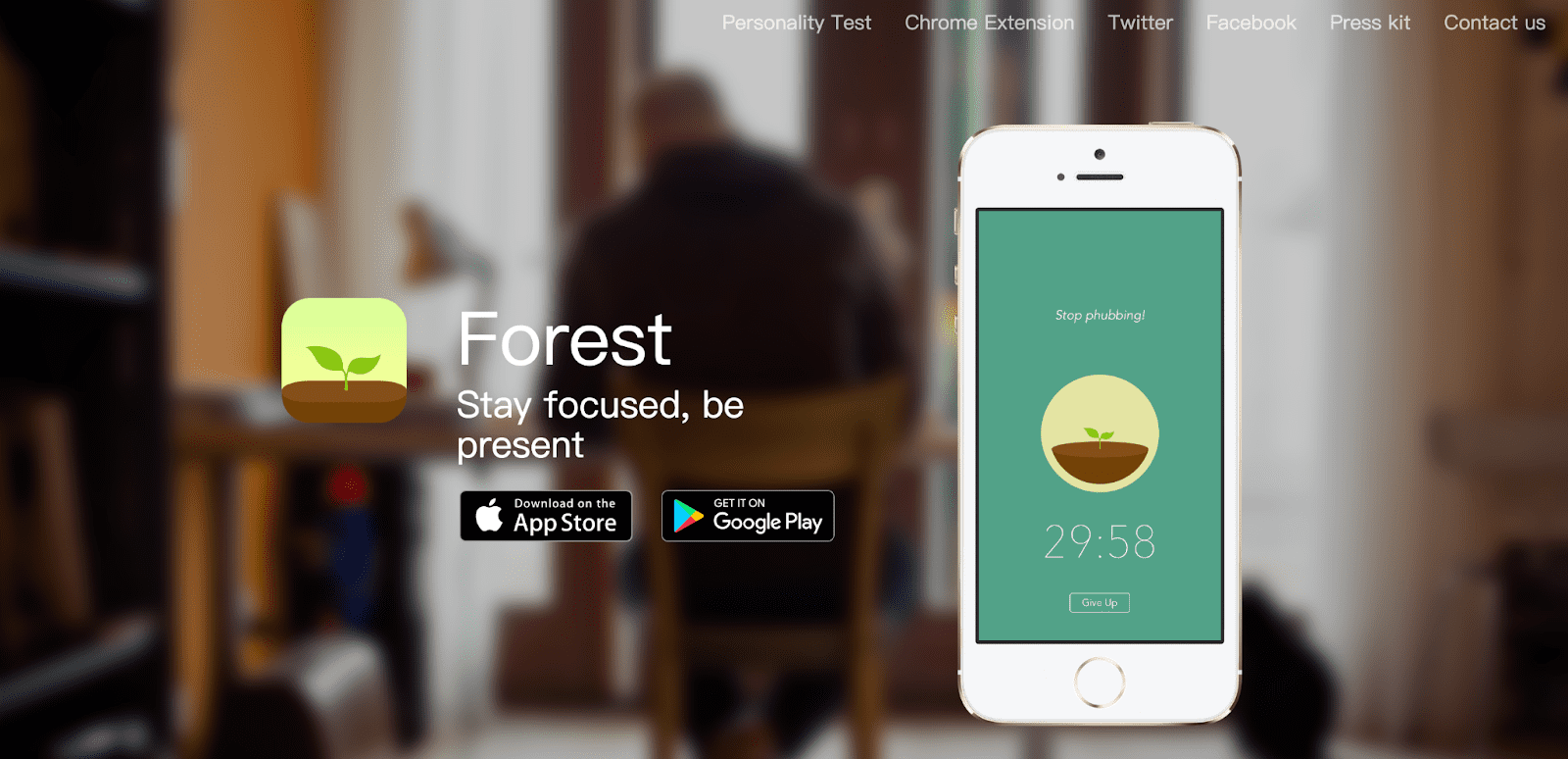 Homepage hero section of Forest app website