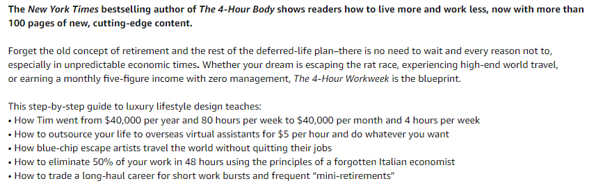 Example of a perfect formatted description from a book "Tim Ferris’ 4-Hour Work Week"