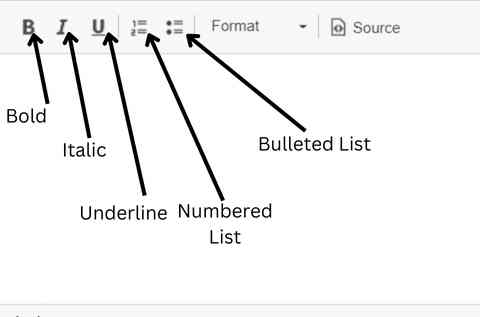 Showing formatting options like "Bold", "Italic", "Underline", "Numbered list" and "Bulleted list"