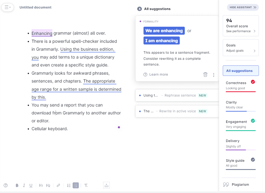 Results output of Grammarly tool using the document feature showing "Overall score", "Correctness", "Clarity" , "Engagement" etc. of the document
