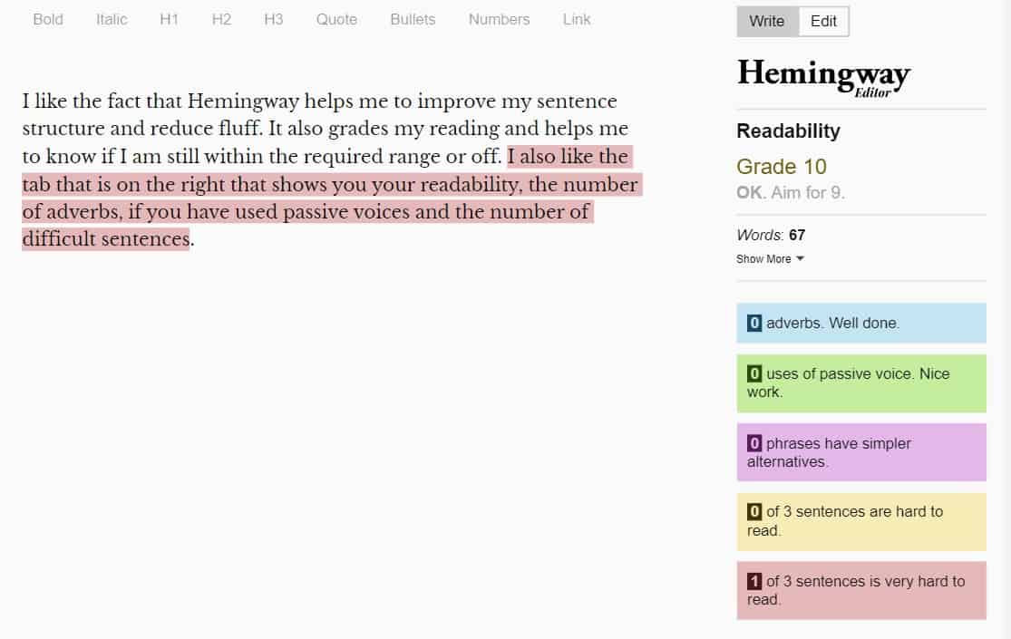 Report section from Hemingway app on the content