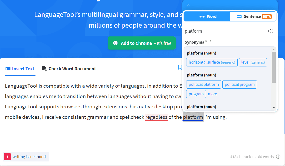 User interace of LanguageTool showing spelling and grammar checks in the content