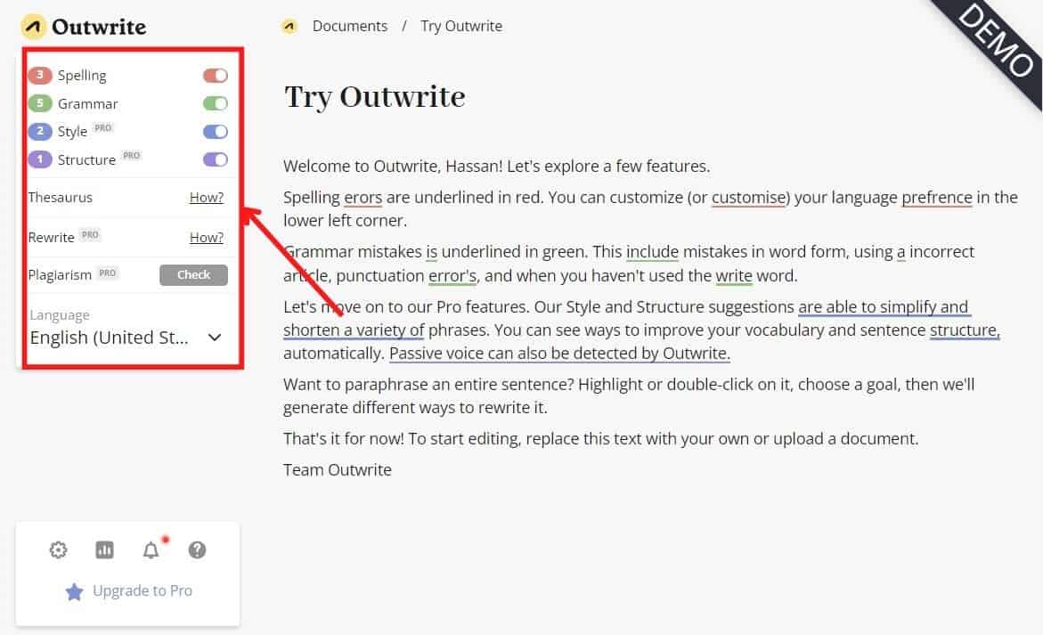 Interactive dashboard of Outwrite app pointing towards options to choose from