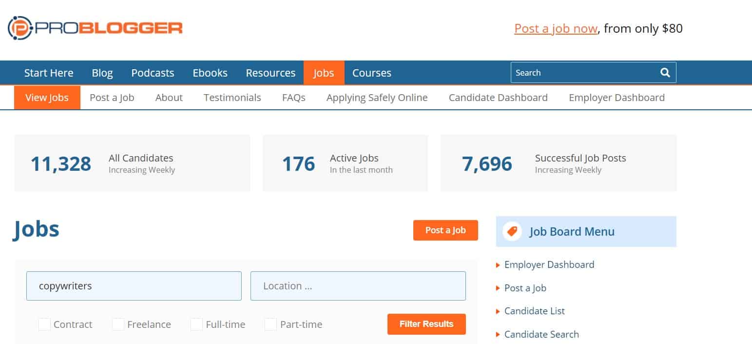 Jobboard section of Problogger Platform to hire a copywriter to do the job