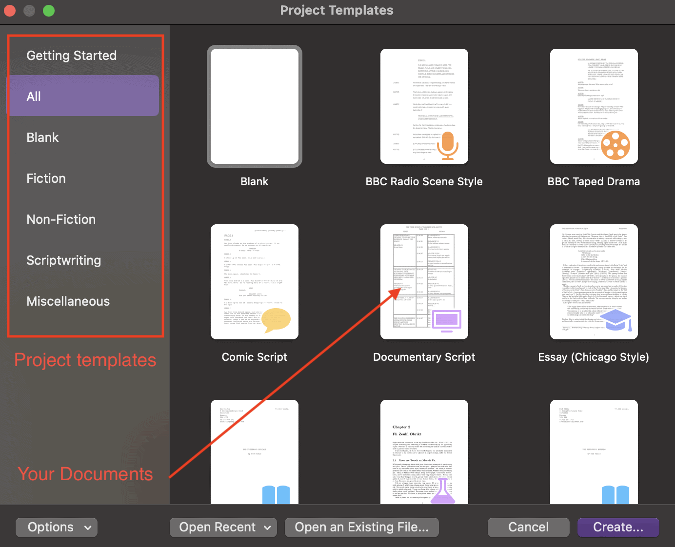 Integrated feature dashboard of Scrivener highlighting project templates like "Blank", "Fiction", "Non-Fiction" etc.